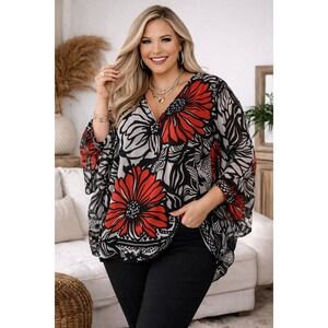 Lane Bryant Sheer Floral Blouse Women's 18/20 Black White Red V-Neck Long Sleeve